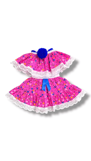 Pollera de Zaraza Fucsia Neón con Mota Azul