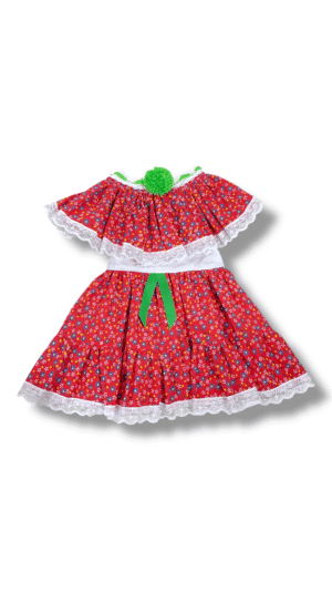 Pollera de Zaraza Rojo Oscuro con Mota Verde Caña