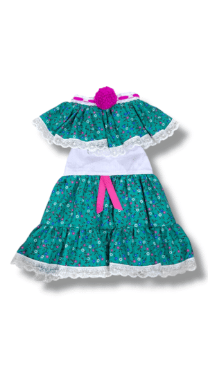 Pollera de Zaraza Turquesa con Mota Magenta