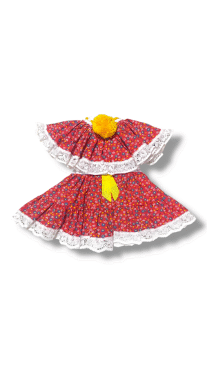 Pollera de Zaraza Rojo Oscuro con Mota Amarilla