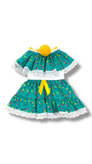 Pollera de Zaraza Turquesa con Mota Amarilla