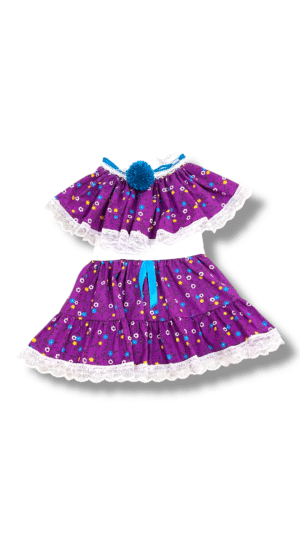 Pollera de Zaraza Morada con Mota Celeste